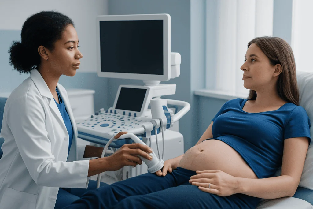 Doctor performing ultrasound on pregnant woman in hospital room.