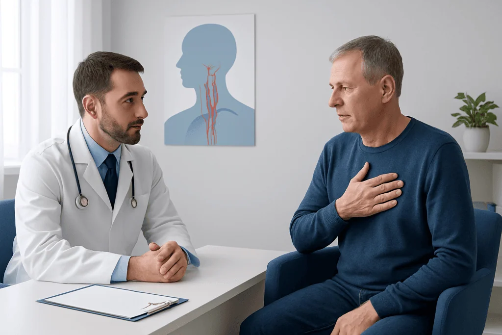 Doctor consulting with a patient about neck health and arteries.