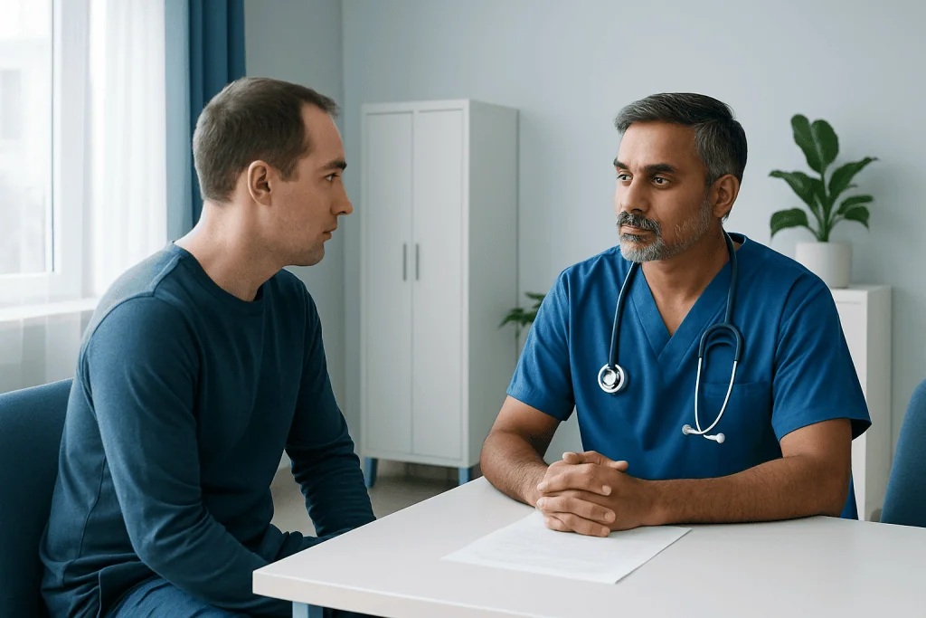 Doctor consulting with a patient in a medical office setting.