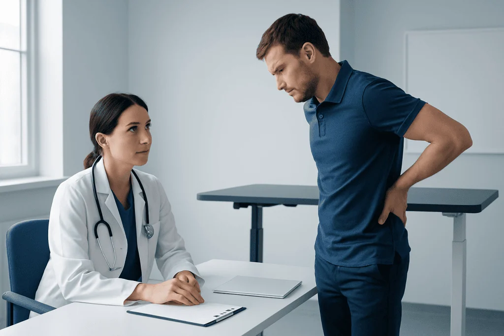 Doctor consulting with patient about back pain in a medical office.