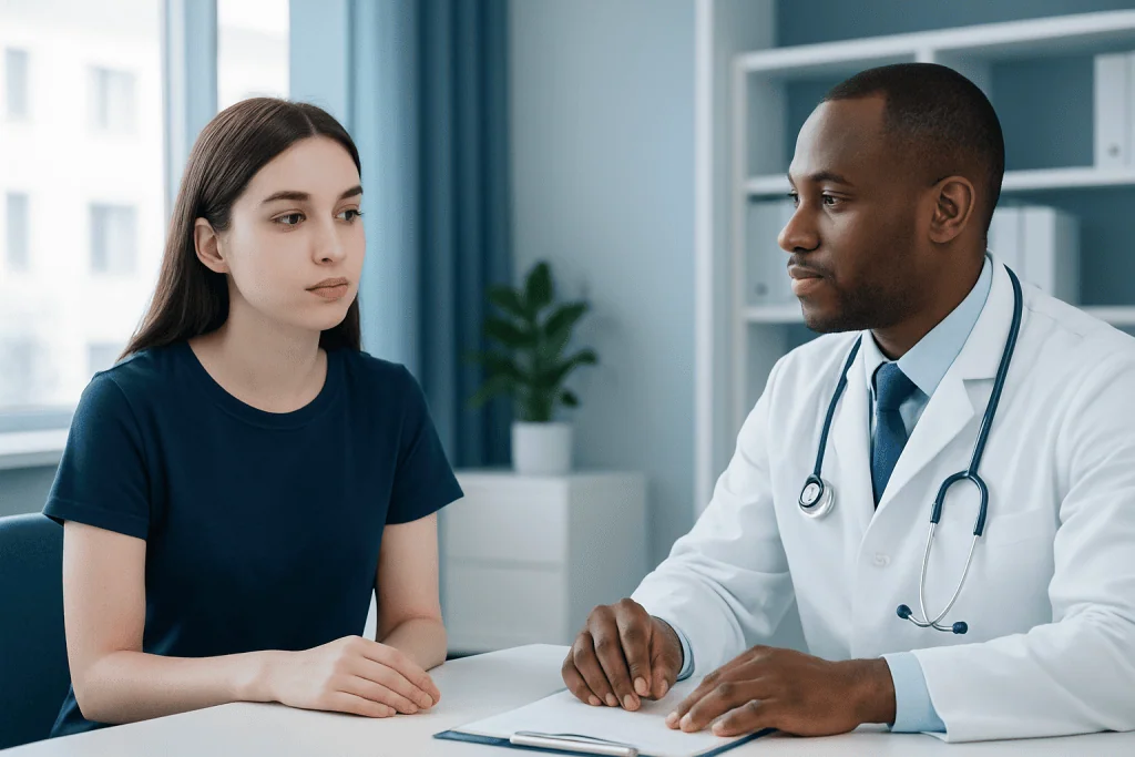 Doctor consulting with a young female patient in a modern clinic.