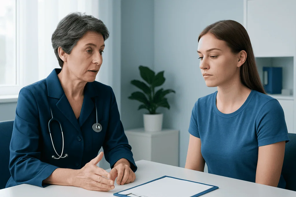 Doctor explaining ear piercing facts to young woman in consultation room.