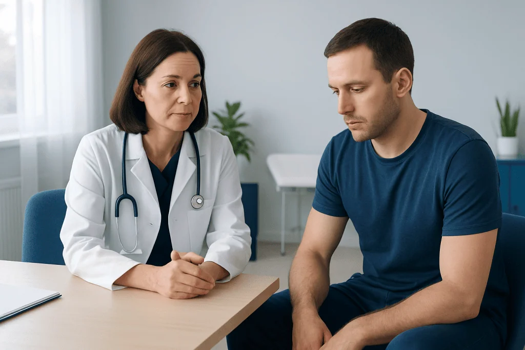 Doctor consulting with a male patient in a medical office setting.