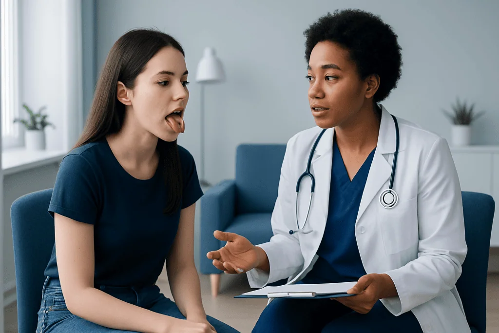 Doctor explaining tongue piercing care to young woman in consultation room.