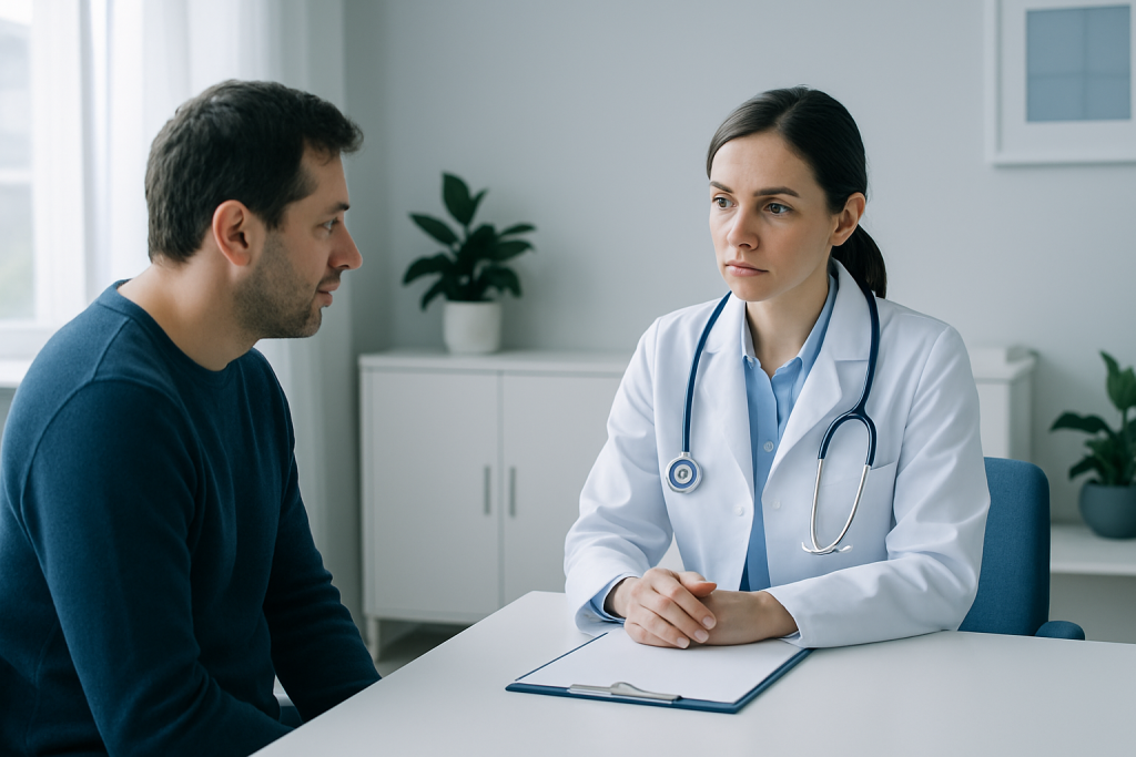 Doctor consulting with a patient in a modern medical office.