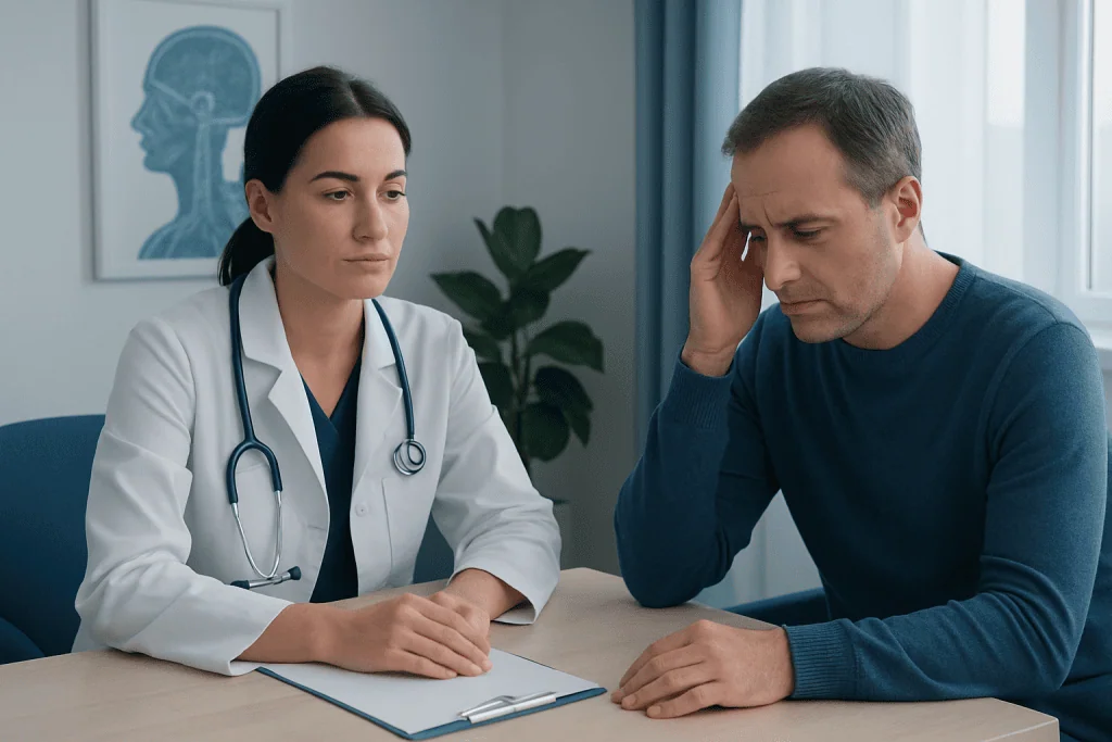 Doctor consulting with patient about neuromodulation risks and side effects.