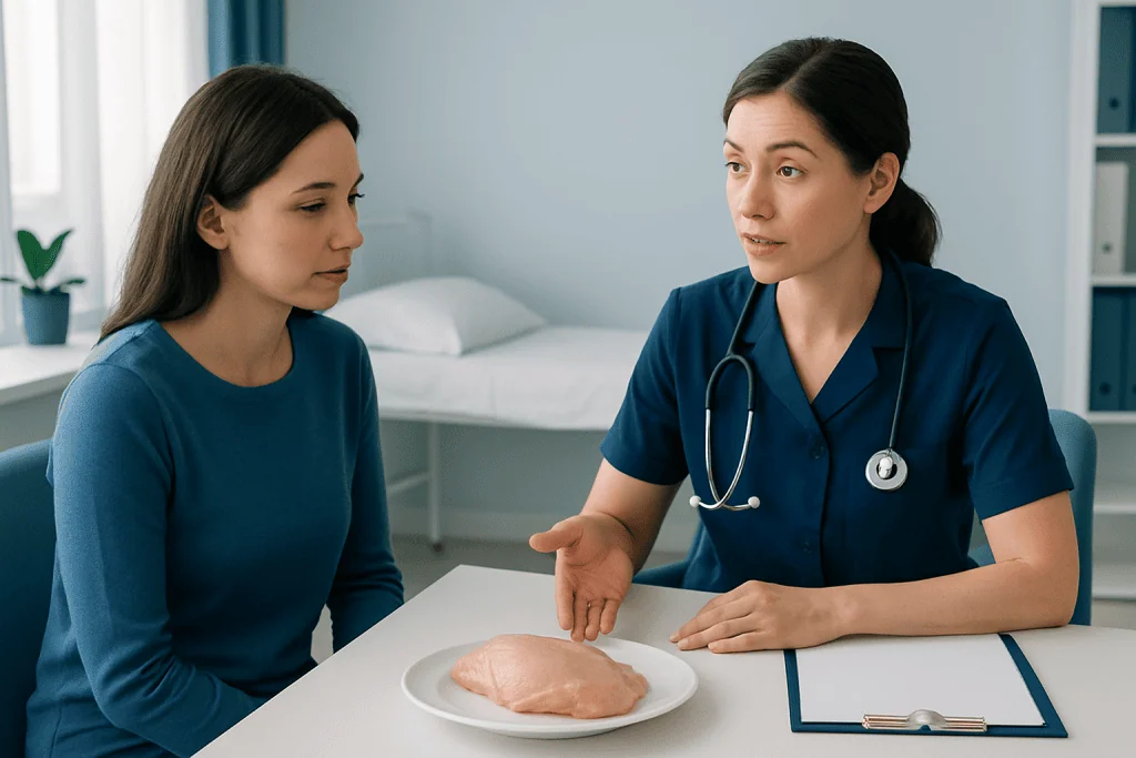 Doctor explaining chicken nutrition to patient in a medical consultation.
