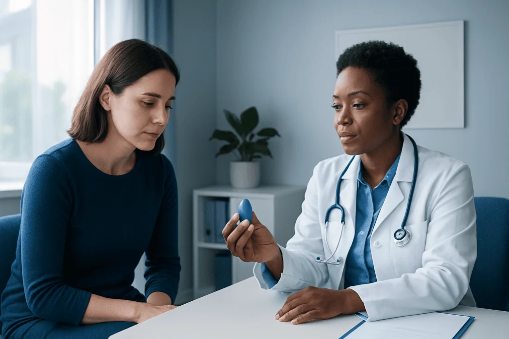 Doctor explaining Yoni Egg to patient in a consultation room.