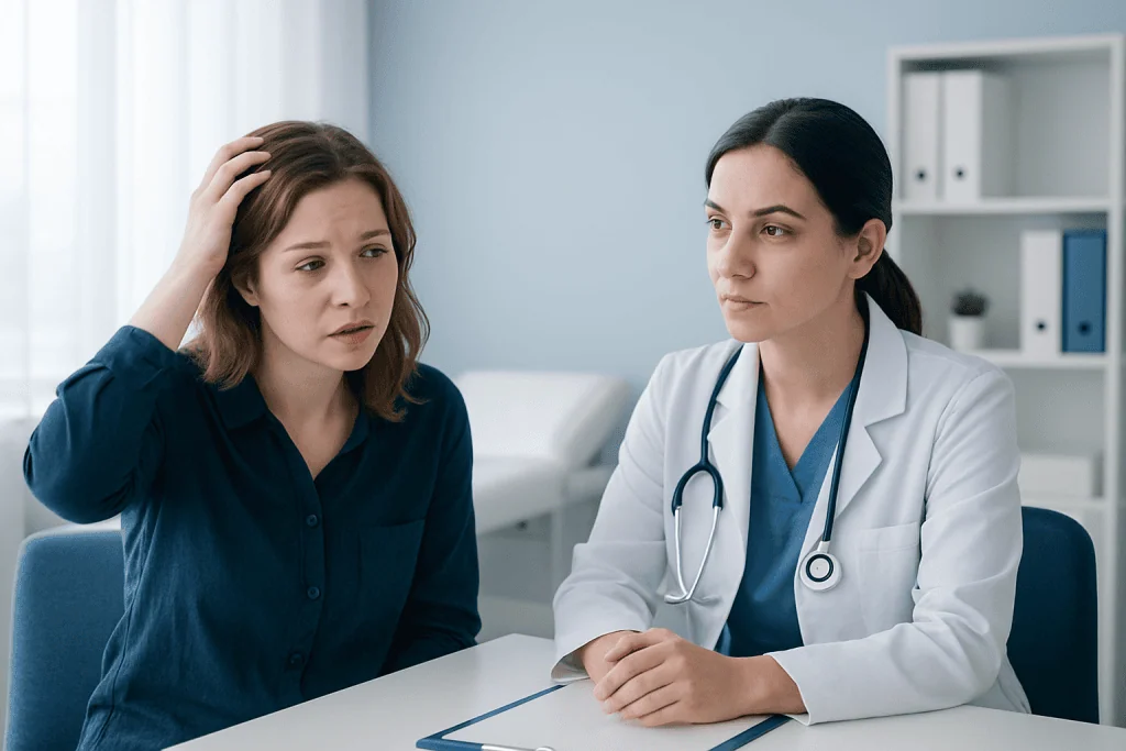 Doctor consulting with a worried female patient in a medical office.