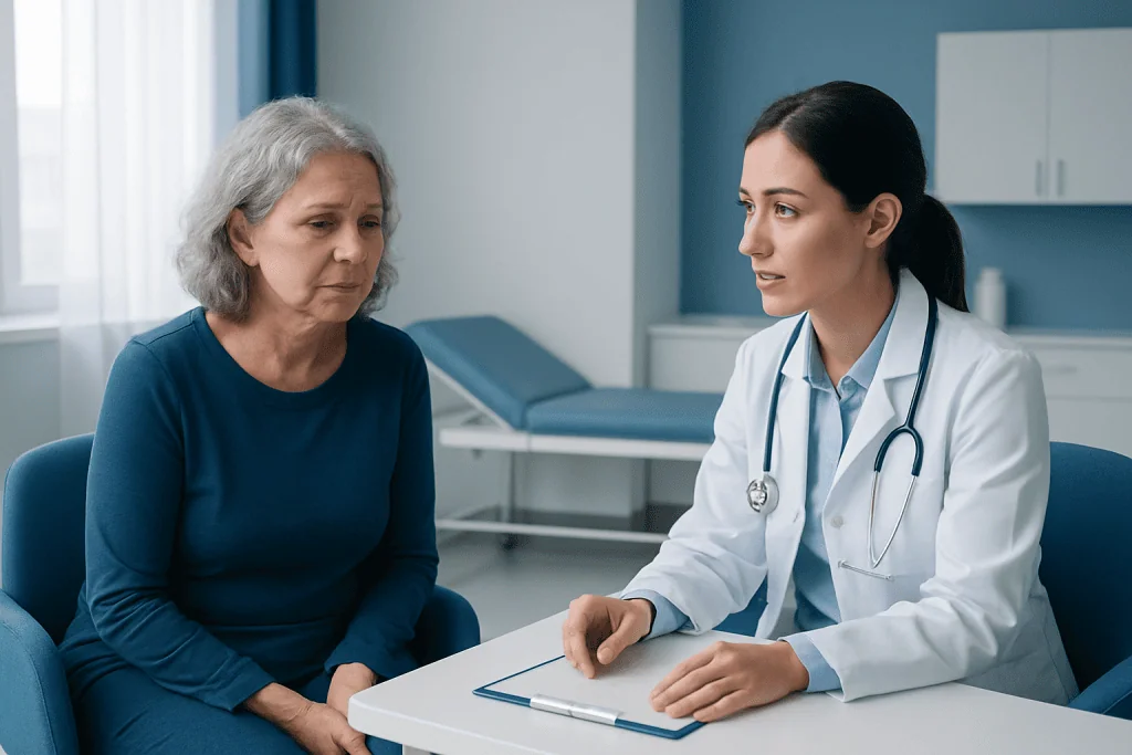 Doctor consulting with an elderly woman in a medical office.