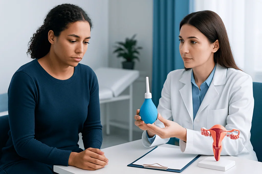 Doctor explaining douching to patient in a medical consultation.