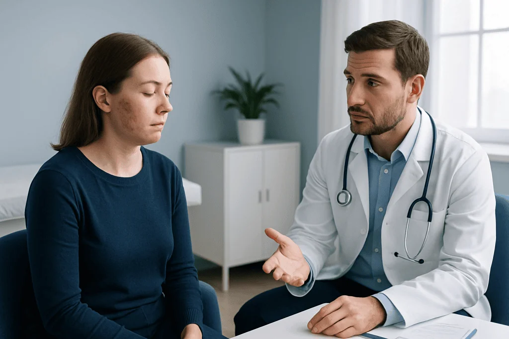 Doctor consulting with a young woman in a medical office setting.