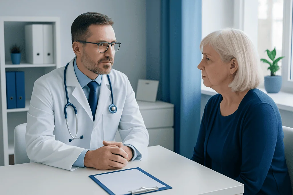 Doctor consulting with an elderly female patient in a medical office.
