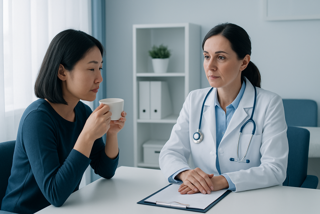 Doctor consulting with a patient about hot tea health effects.