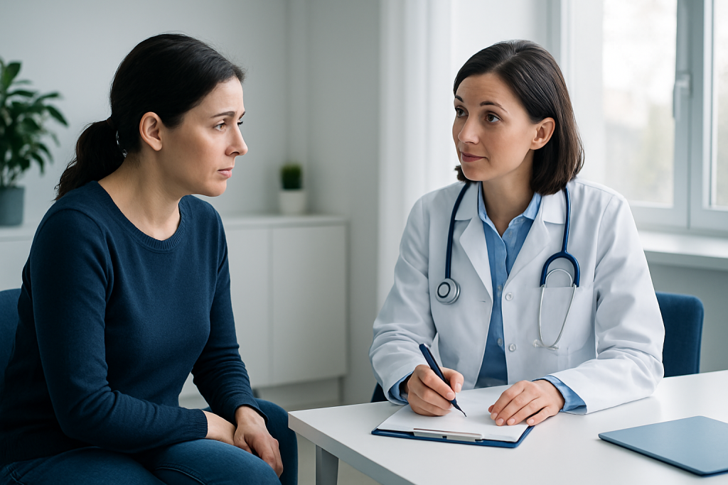 Doctor consulting with a female patient in a medical office setting.