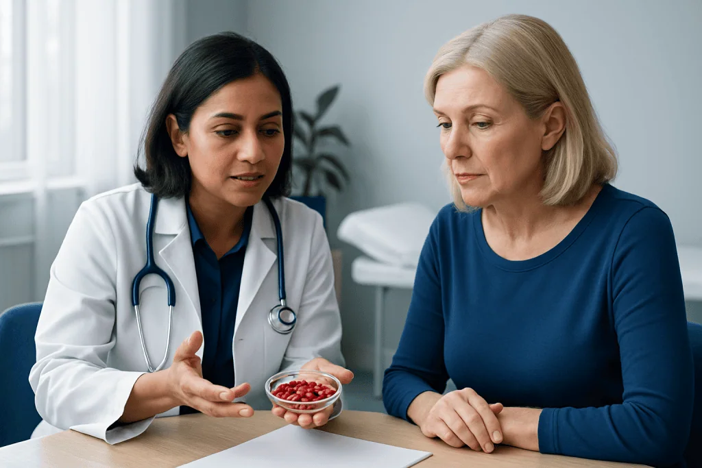 Doctor explaining benefits of goji berries to a patient in a medical consultation.