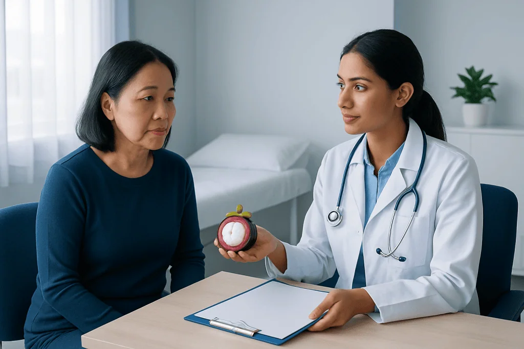 Doctor explaining health to patient in a consultation room.
