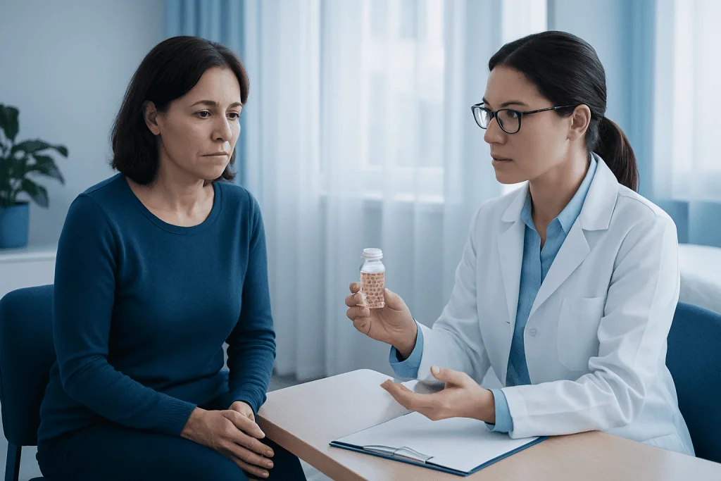 Doctor explaining medication to a patient in a clinical setting.