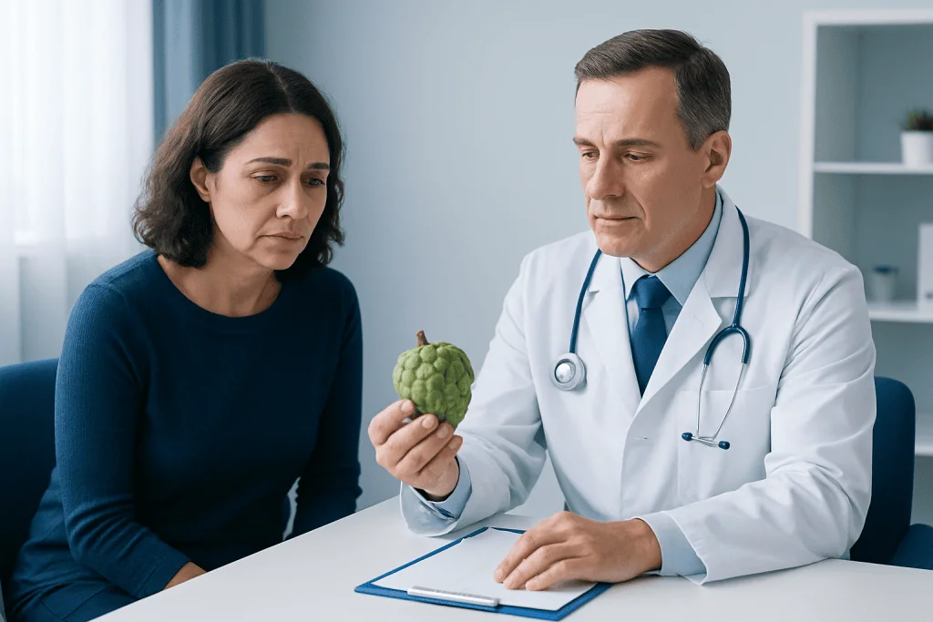 Doctor explaining cherimoya fruit to a patient in a medical consultation.