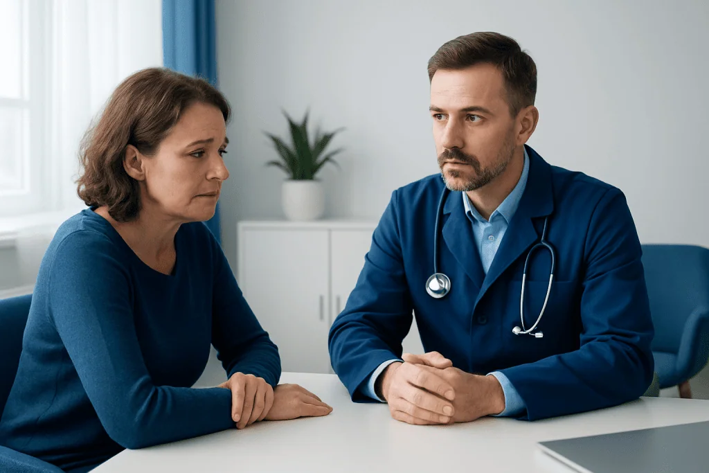 Doctor consulting with a female patient in a medical office.