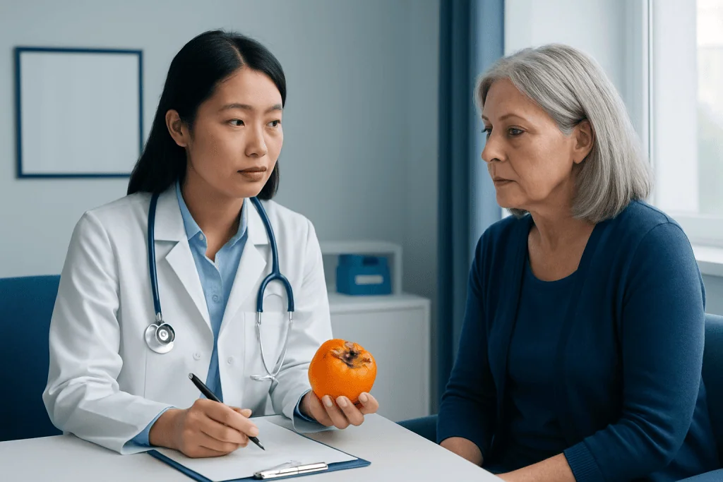 Doctor explaining health benefits of persimmon to an elderly woman.