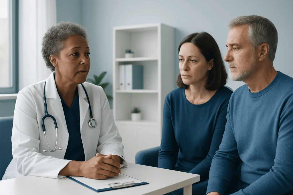 Doctor consulting with a middle-aged couple in a medical office setting.