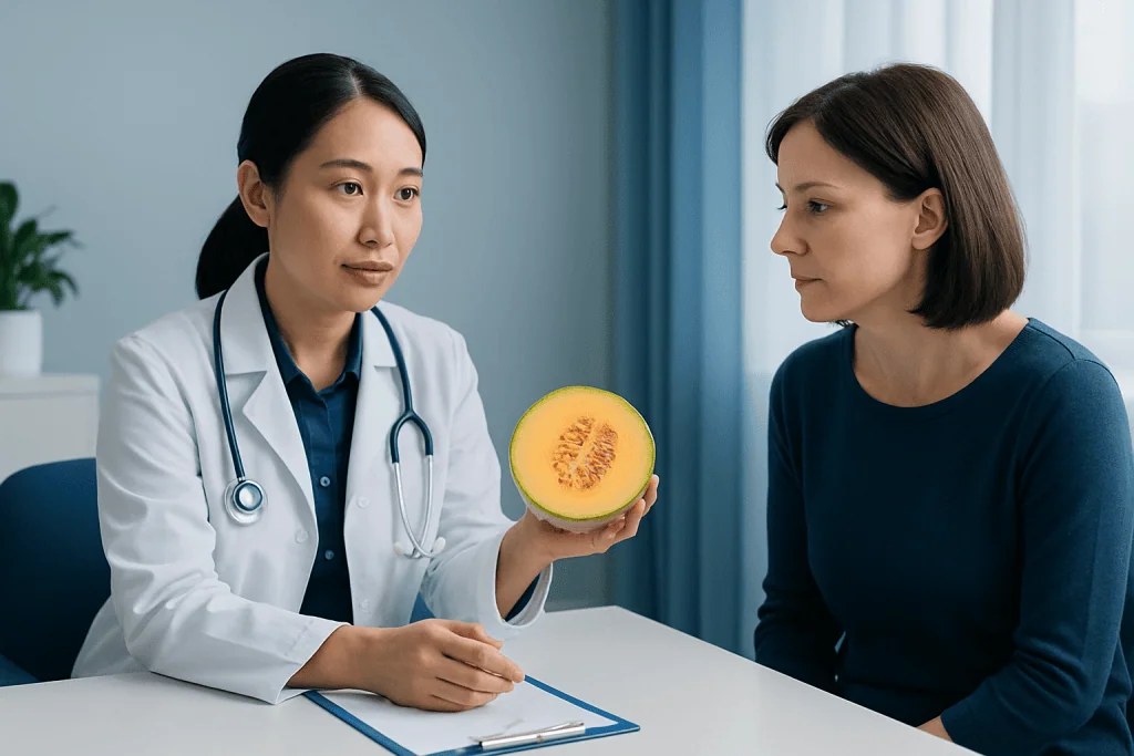 Doctor explaining health benefits of cantaloupe to patient in clinic.