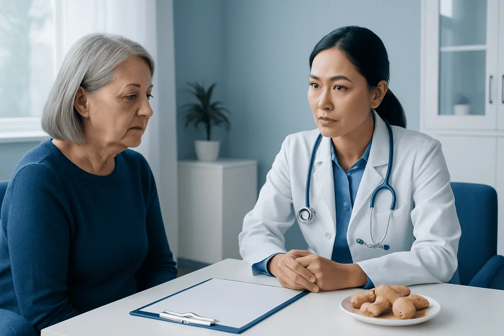 Doctor consulting with elderly woman in a medical office.