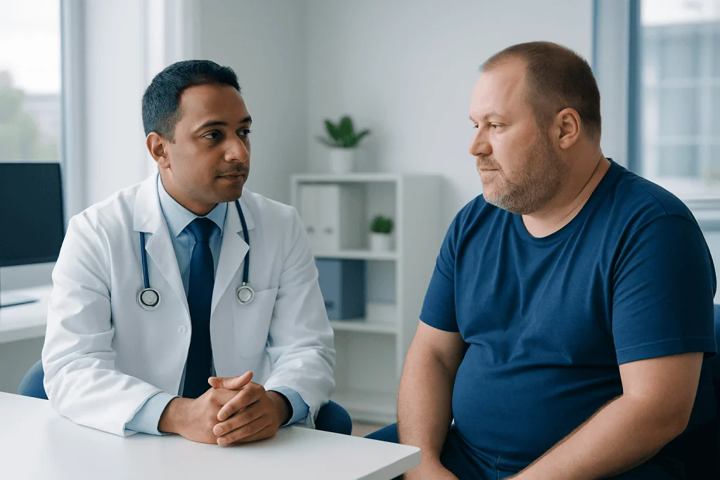 Doctor consulting with a patient in a modern medical office.