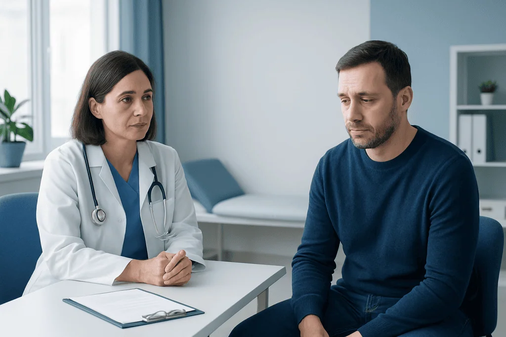 Doctor consulting with male patient in a medical office setting.