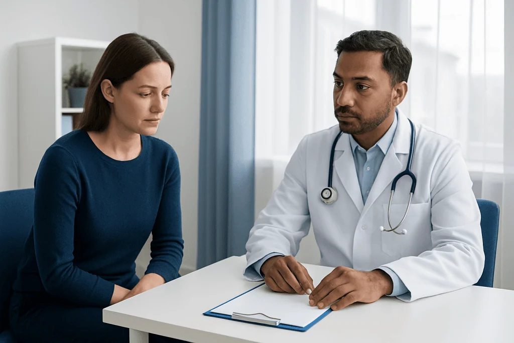 Doctor consulting with a female patient in a medical office.