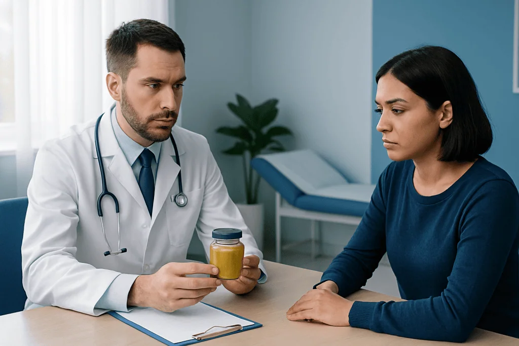 Doctor explaining honey supplement benefits to patient in consultation room.