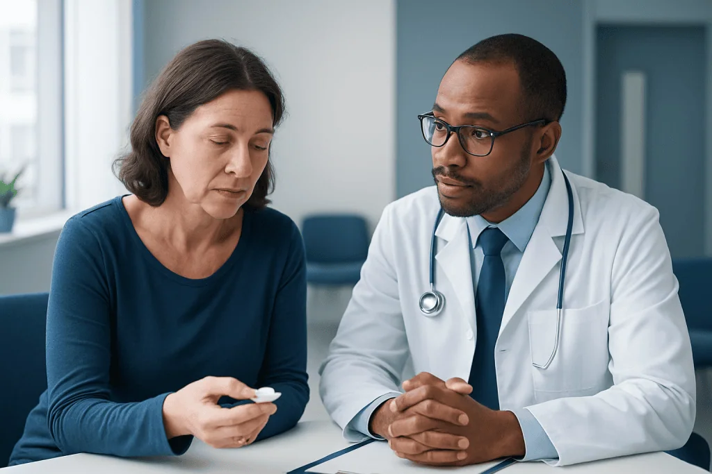 Doctor consulting with a female patient in a medical office setting.