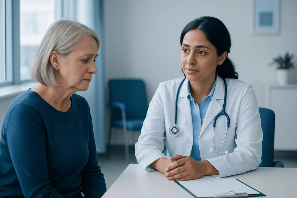 Doctor consulting with an elderly female patient in a medical office.