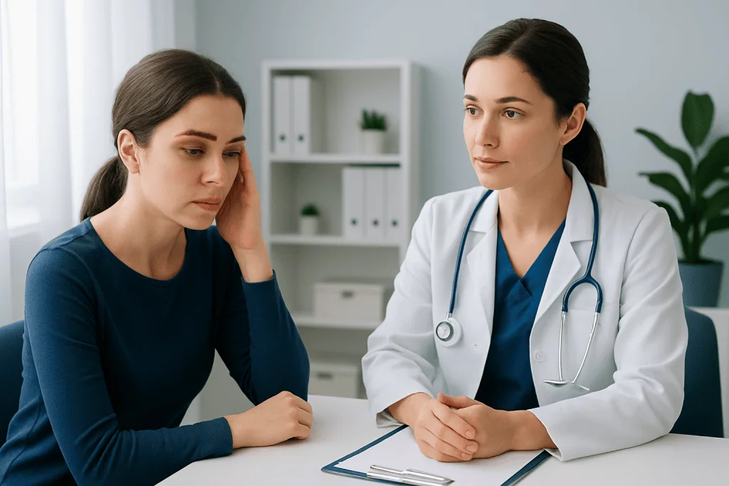 Doctor consulting with a patient in a medical office setting.