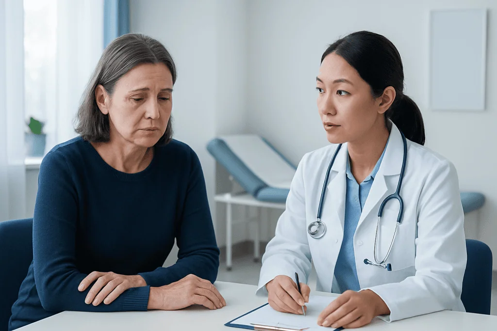 Doctor consulting with a middle-aged woman in a medical office.