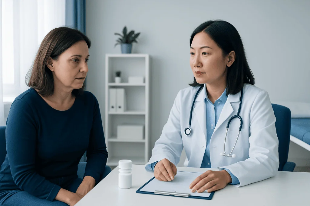 Doctor consulting with a female patient in a medical office setting.