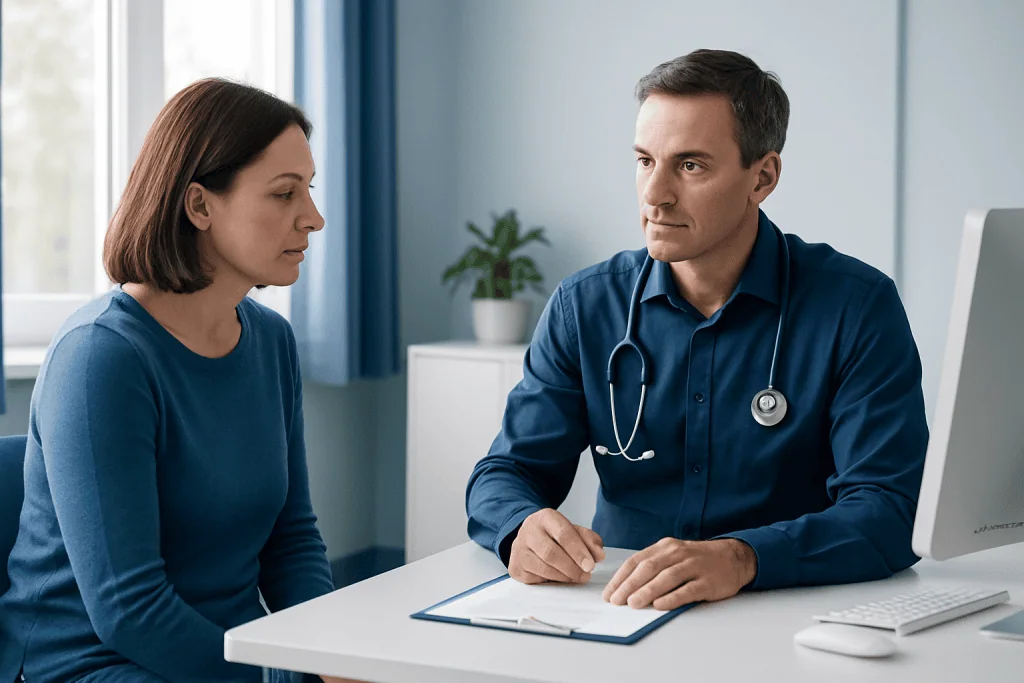 Doctor consulting with female patient in a medical office setting.