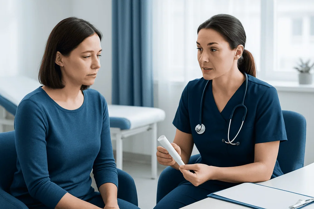 Doctor consulting with patient in a medical office setting.