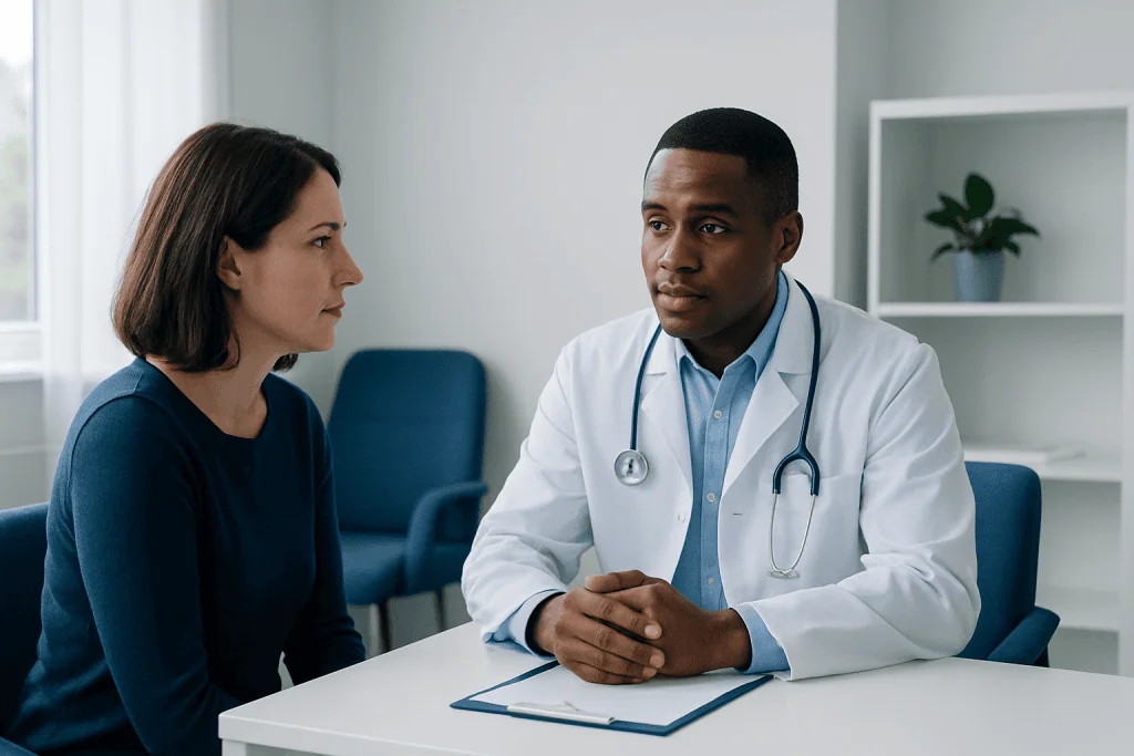 Doctor consulting with a female patient in a modern clinic setting.