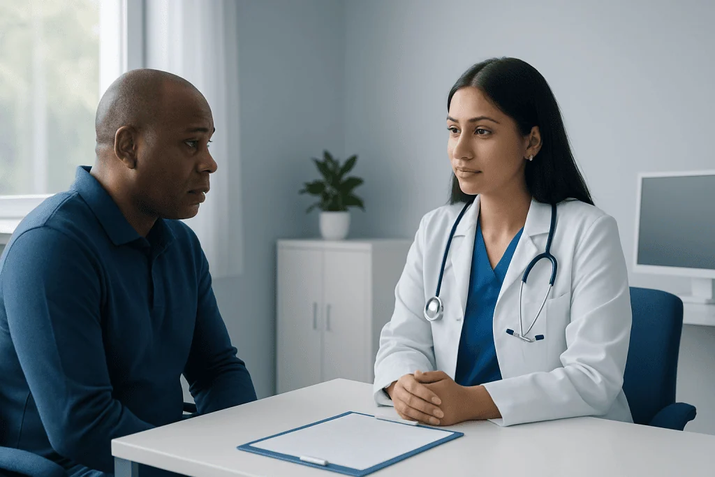Doctor consulting with a patient in a medical office setting.
