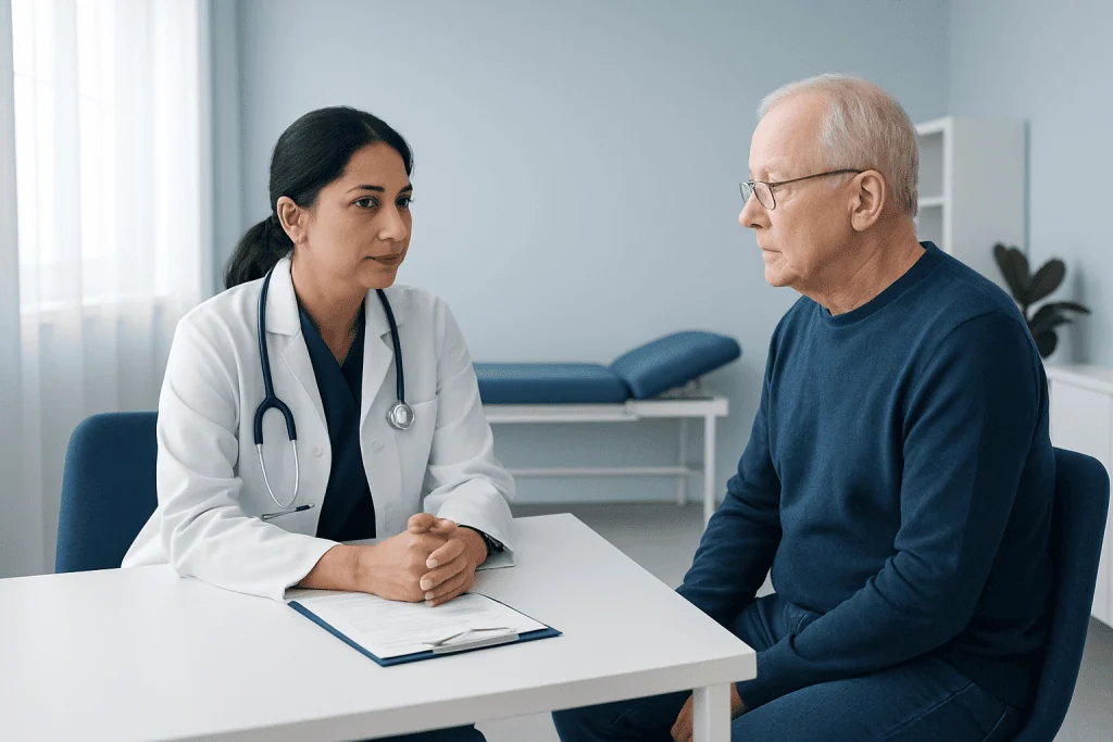 Doctor consulting with an elderly male patient in a medical office.