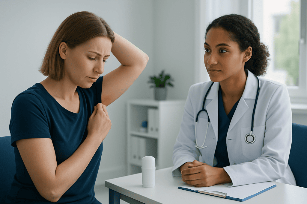 Doctor consulting with a patient about deodorant allergy symptoms.