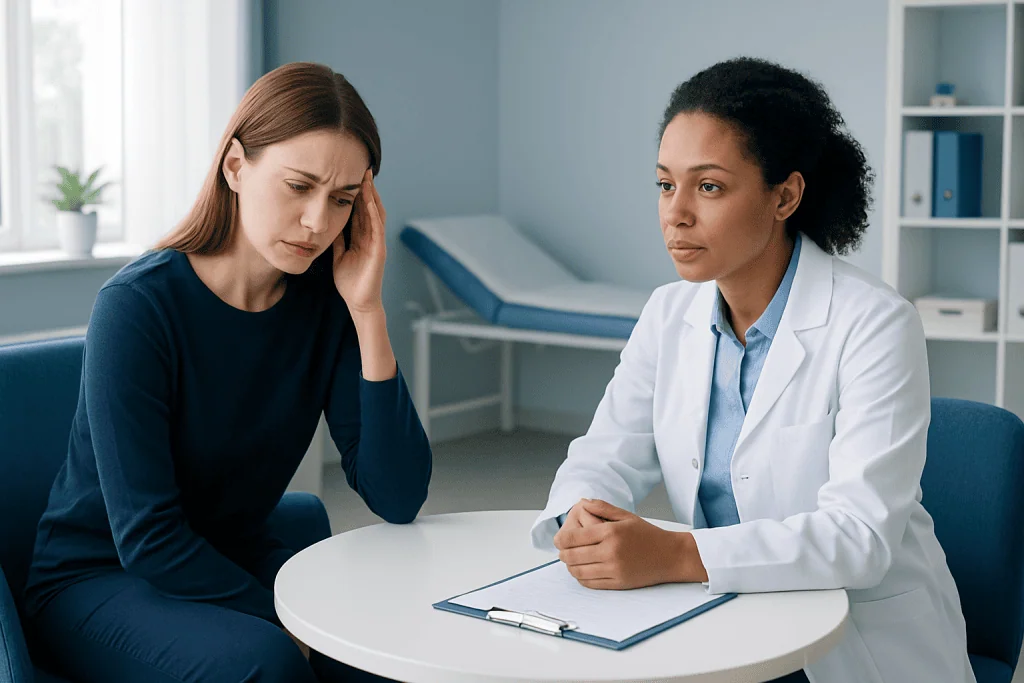 Patient consulting with doctor in a medical office setting.