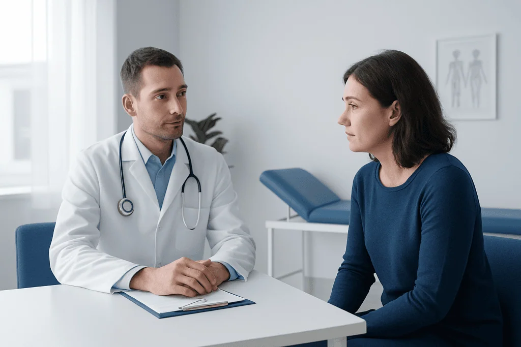 Doctor consulting with a female patient in a medical office.