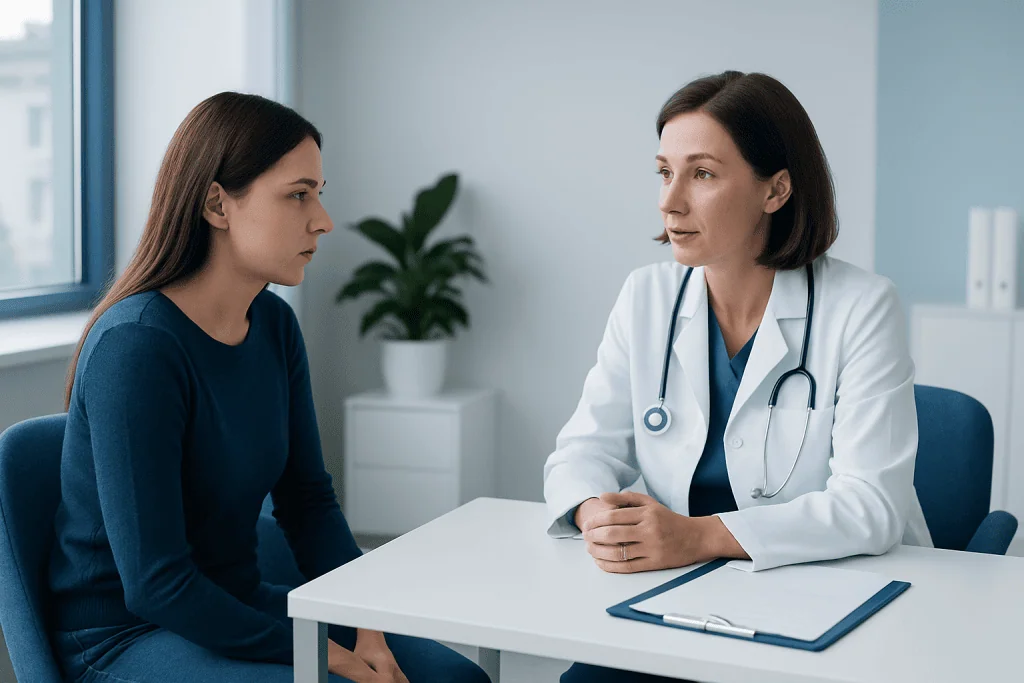 Doctor consulting with a young female patient in a modern clinic setting.