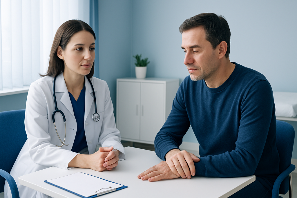 Doctor consulting with patient in a medical office setting.