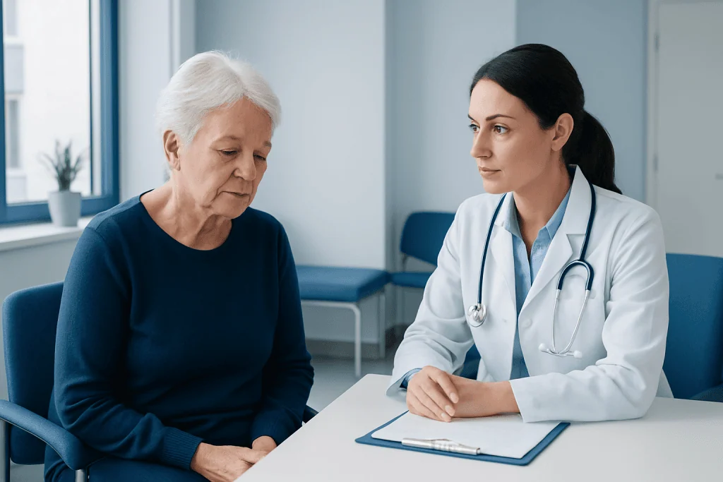 Doctor consulting elderly woman in a hospital setting.