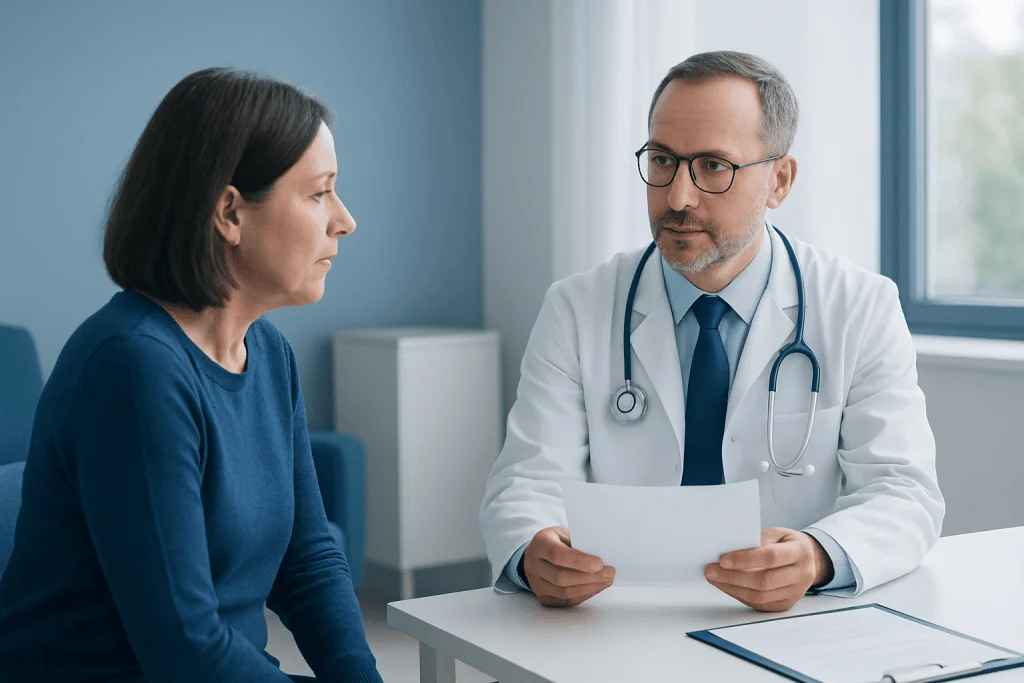 Doctor consulting with a female patient in a medical office.