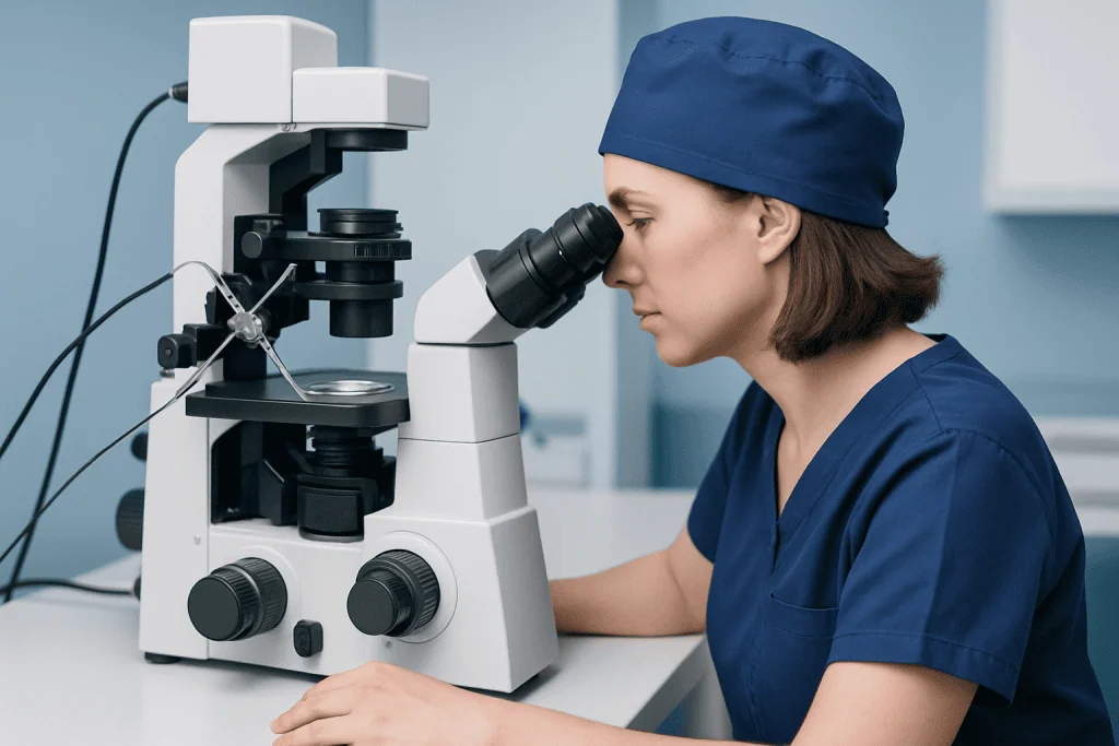 Female scientist examining samples with a microscope in a laboratory setting.